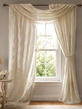 Whole Home 3 Jacquard Scarf Valances and 2 Tiebacks Fringed Set